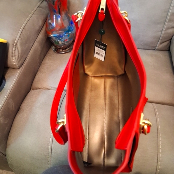 Lauren Ralph Lauren Red Tote Bag with Gold Accents - Picture 11 of 16